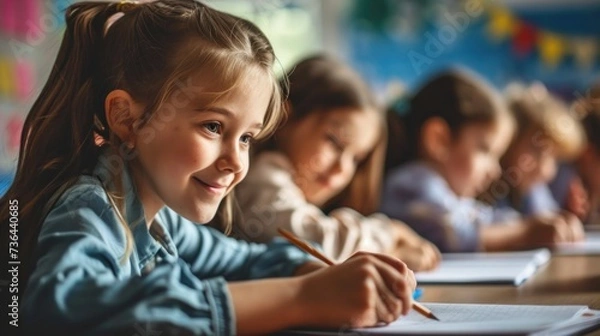 Fototapeta primary elementary school group of children studying in the classroom. learning and sitting at the desk. young cute kids smiling,