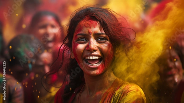 Fototapeta Joy Unleashed at Holi: Indian Woman's Exuberant Laughter Amidst Festival Colors - Vibrancy & Life - Woman's Beaming Face at Holi, Colors in Abundance - Expression of Delight