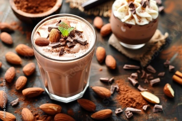 Fototapeta Indulge in a rich and creamy delight as you sip on a chocolate milkshake topped with crunchy almonds and fluffy whipped cream, perfect for satisfying your dessert cravings on a cozy indoor coffee tab