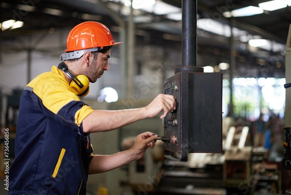 Fototapeta engineer or technician checking lathe machine in the factory