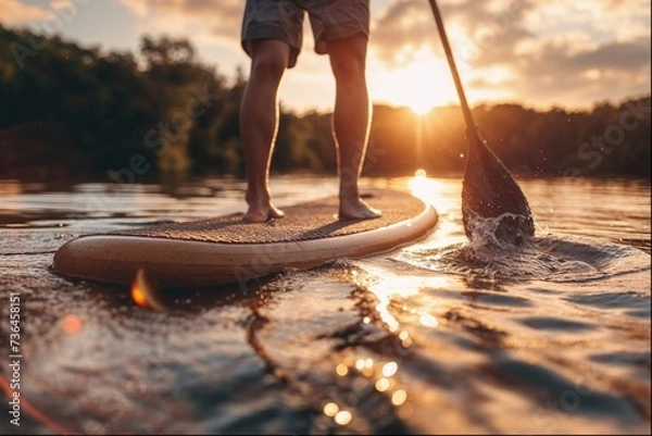 Fototapeta Stand up paddle boarding or standup paddleboarding on quiet lake at sunset with beautiful colors during warm summer beach vacation holiday