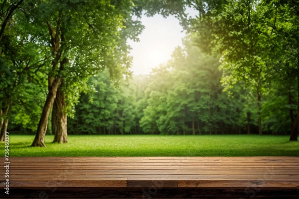 Fototapeta blurred green leaves and tree background with wooden table for product.