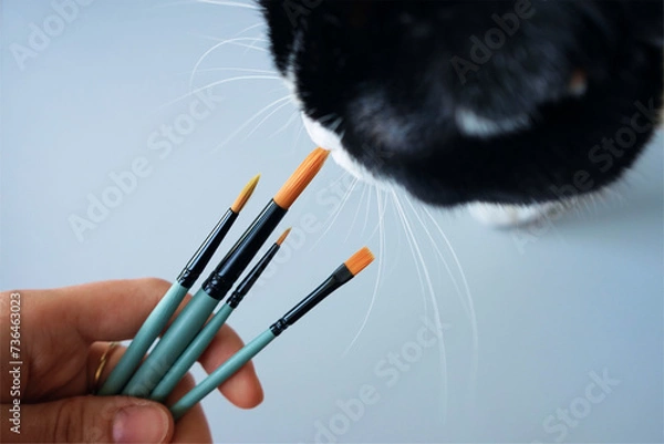 Obraz hand with brushes paint cat