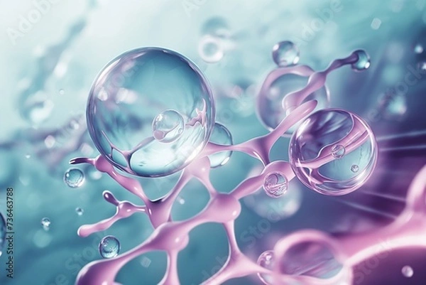 Fototapeta Cosmetic Essence, Liquid bubble, Molecule inside Liquid Bubble on DNA water splash background, 3d rendering