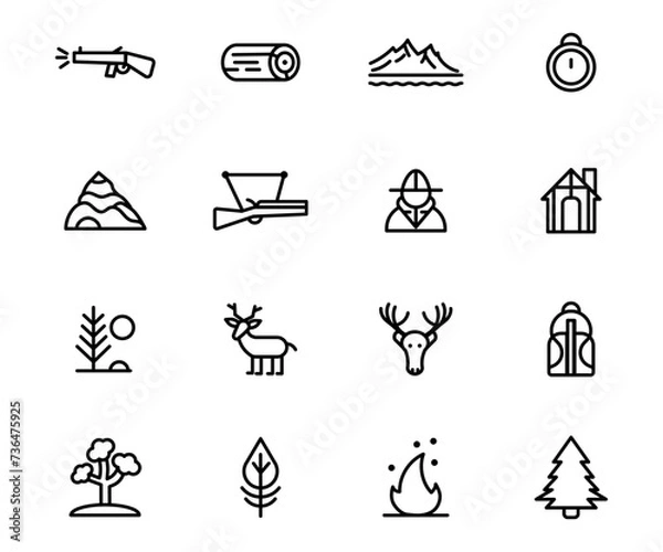 Fototapeta Vector line icon set hunting. Outline illustration symbol camping forest and mountain, animal, wildlife. Hunter tool and weapon tourist collection. Safara and journey for nature