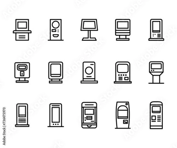 Fototapeta Vector black line icon set kiosk terminal. Service interactive digital payment machine pictogram. Screen computer for order and business symbol. Airport ATM banking panel for travel
