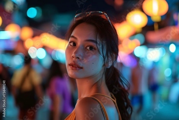 Fototapeta beautiful asian girl in an indeterminate place illuminated with many lights