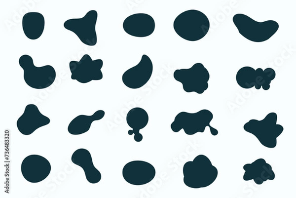 Fototapeta Random blob shape organic set. Pebble, inkblot, drops and stone silhouettes. Set of paint liquid black blotch spot in irregular form. Rounded abstract organic shapes. Flat fluid style vector design. 