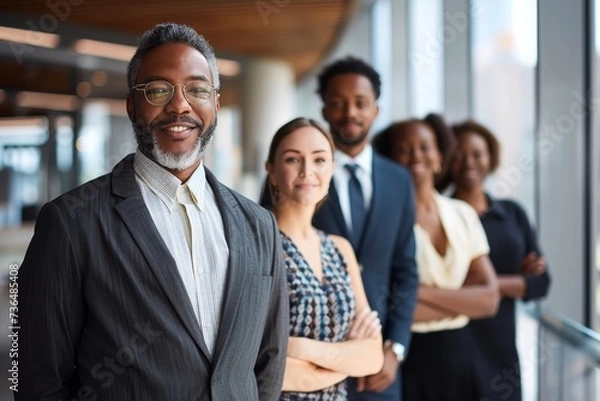 Fototapeta A diverse group of business professionals radiate confidence and warmth as they stand together, showcasing their impeccable dress shirts, blazers, and suits with polished collars and glasses against 