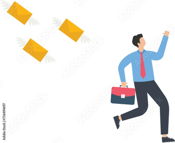 Obraz Businessman runs away from an email with notification, Running away and escaping overwork, inbox or digital overload, Workload and urgent messages concept,

