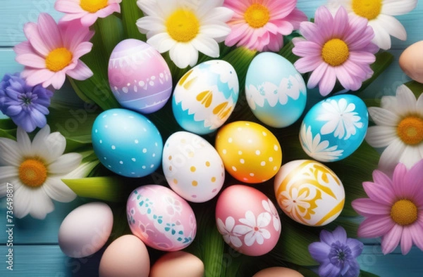 Obraz Easter, lots of colorful painted eggs, delicate pastel shades, patterns and ornaments, spring flowers, top view, blue wooden background
