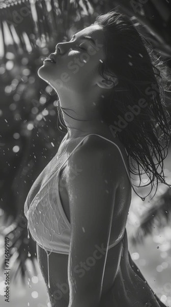 Fototapeta Black and white photo of beautiful girl in swimsuit, girl on the beach seaside