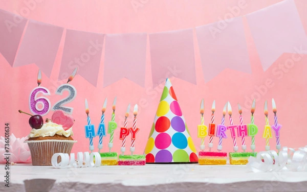 Obraz Background date of birth number  62. Anniversary. Beautiful festive background with candles for a girl. Women's congratulations postcard. Happy birthday in pink.