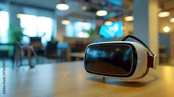 Fototapeta A VR headset sits on a table, seamlessly blending into the relaxed yet contemporary setting of a modern business office