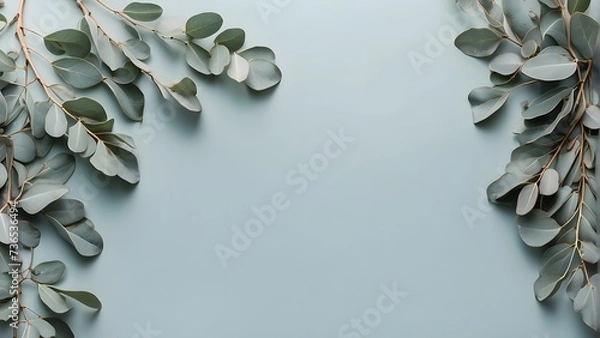 Obraz Eucalyptus branches on blue background, flat lay. Space for text