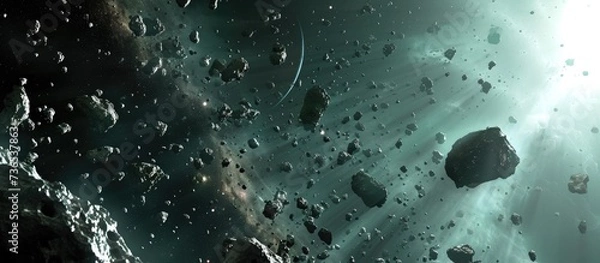 Fototapeta 3D depiction of an asteroid field in space.