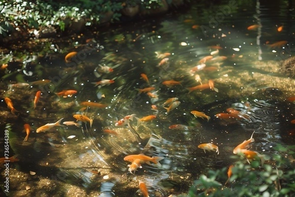 Fototapeta Within the Peaceful Embrace: Beautiful Goldfish Flourish in a Pond