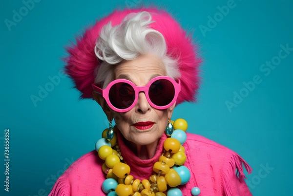 Fototapeta an old lady in an outfit with pink shades and pink accessories, in the style of pop art bright, yellow and aquamarine, photo taken with provia, energetic, optical