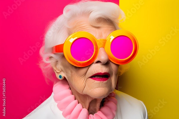 Fototapeta grandmother with colorful sunglasses, in the style of playful body manipulations, pink, bright color blocks, photo taken with provia, light yellow, imitated material, bold-graphic