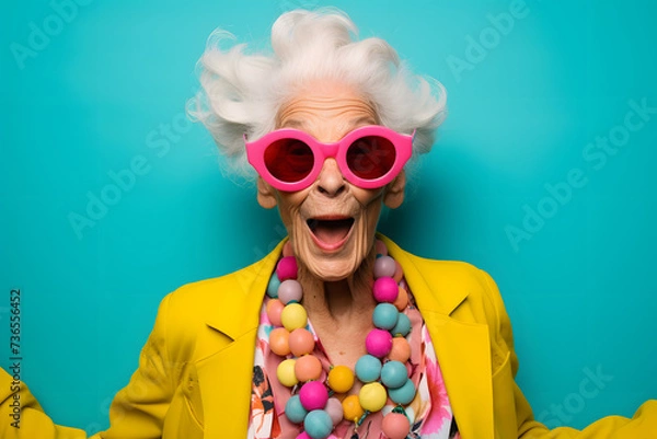 Fototapeta persona old lady wearing pink sunglasses against a colourful background, in the style of playful poses, shaped canvas, light aquamarine and yellow, photo taken with provia, lively and energetic