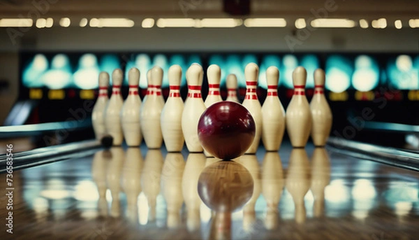 Fototapeta bowling ball knocking down bowling pins
