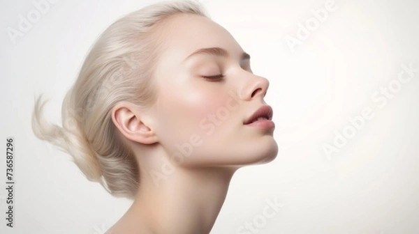 Obraz face model, full face in the shot, photographic style, smooth skin, hand on the face, white background