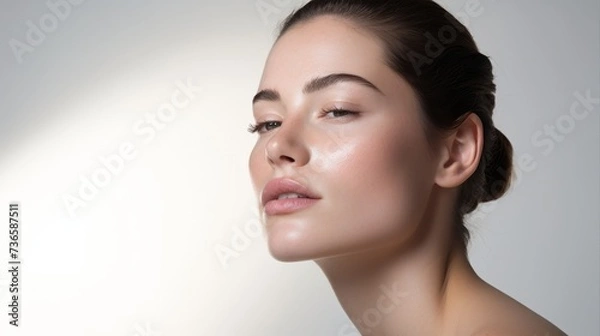 Obraz face model, full face in the shot, photographic style, smooth skin, hand on the face, white background