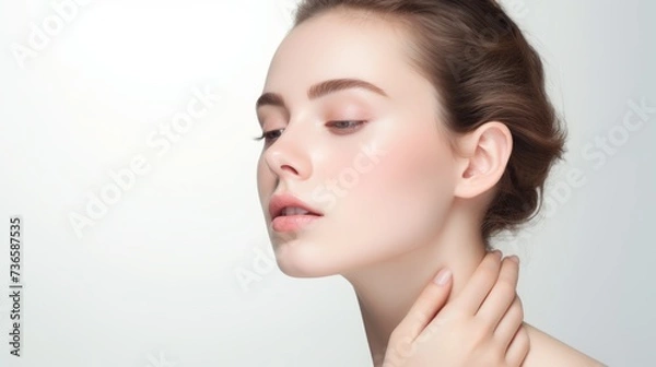 Obraz face model, full face in the shot, photographic style, smooth skin, hand on the face, white background