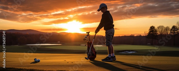 Obraz Junior kid practicing golf evening golf field.