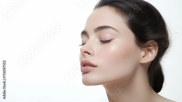 Obraz face model, full face in the shot, photographic style, smooth skin, hand on the face, white background