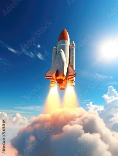 Fototapeta A rocket is flying through the clouds. Generative AI.
