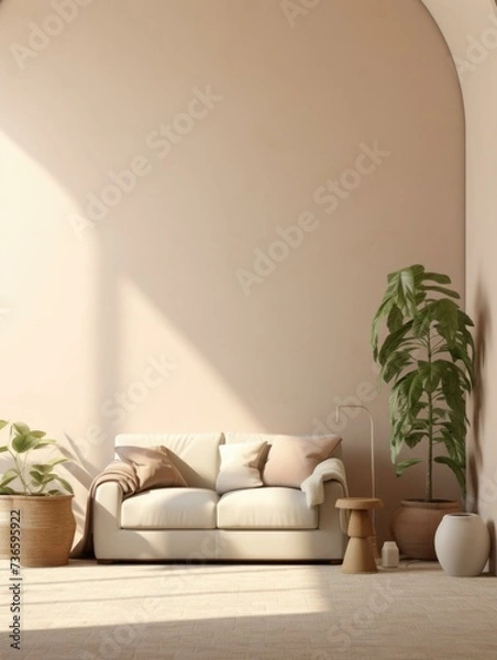 Obraz A living room with a white couch and potted plants. Generative AI.
