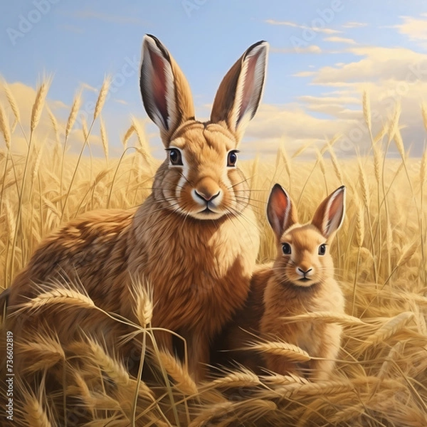 Fototapeta Two hare in the wheat field with blue sky background, 3d render.  Easter concept.