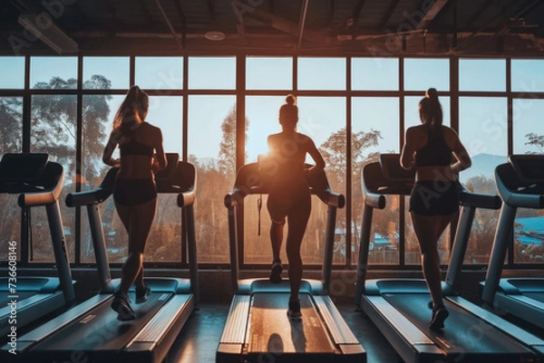 Fototapeta A group of people engaged in a cardio workout by running on treadmills in a gym. Suitable for fitness and exercise-related projects
