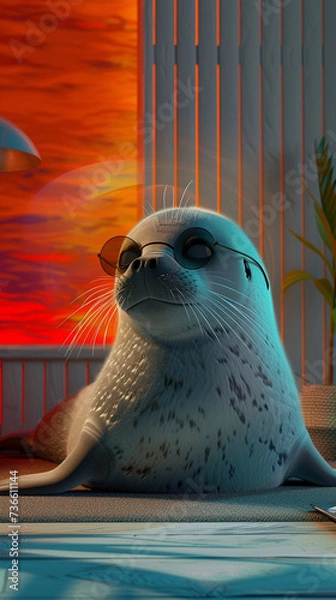 Fototapeta A cool seal character in dark glasses lounges in a studio setup the colored background echoing the cheer of summer
