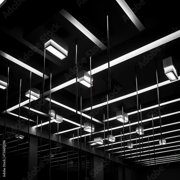 Obraz Low-angle black and white photograph of a geometric arrangement of ceiling lights, Bauhaus style