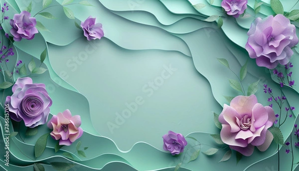 Obraz Beautiful Postcart with copy space. Frame of Paper Flowers and green leaves composition. Pastel mint lavender template background