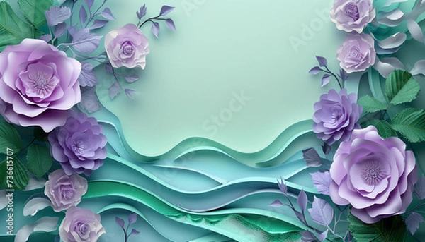 Obraz Beautiful Postcart with copy space. Frame of Paper Flowers and green leaves composition. Pastel mint lavender template background