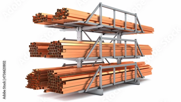 Fototapeta Copper square pipes. Rack for storing rolled metal products on a white background. 3d illustration
