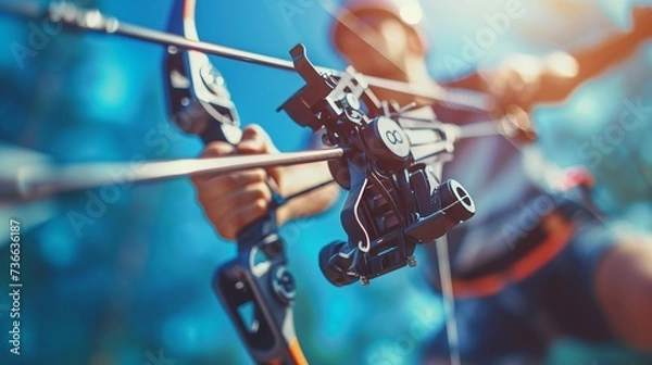 Fototapeta Focused professional archer drawing bowstring in summer olympics concept, precision and skill.