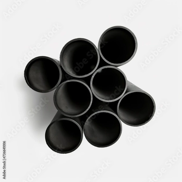 Fototapeta A set of robust black metal cylindrical tubes on a white background. Sophisticated and modern minimalist metallic tubes. Practical and functional metal tubes.