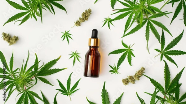Fototapeta A bottle of cbd oil surrounded by cannabis leaves.
