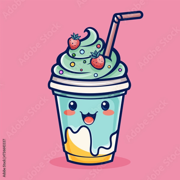 Obraz Vector illustration of kawaii cartoon ice cream milkshake with strawberry topping