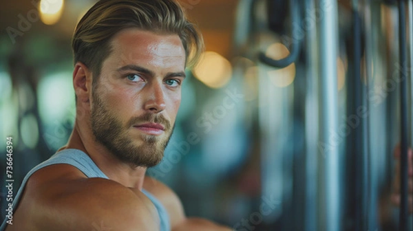 Obraz Handsome men side pose in a gym background