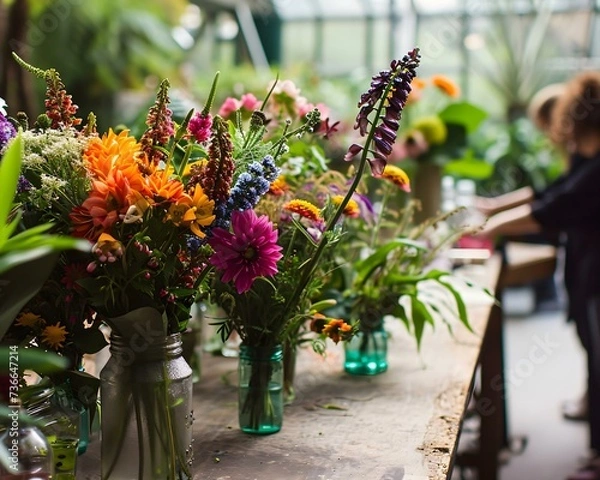 Fototapeta a table topped with vases filled with colorful flowers