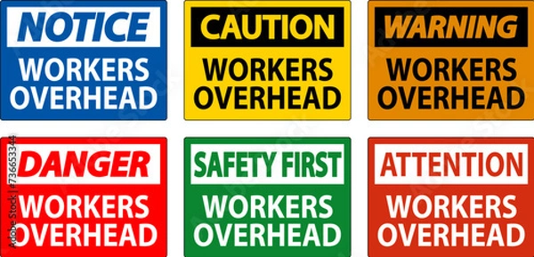 Fototapeta Warning Falling Debris Sign, Workers Overhead Falling Objects