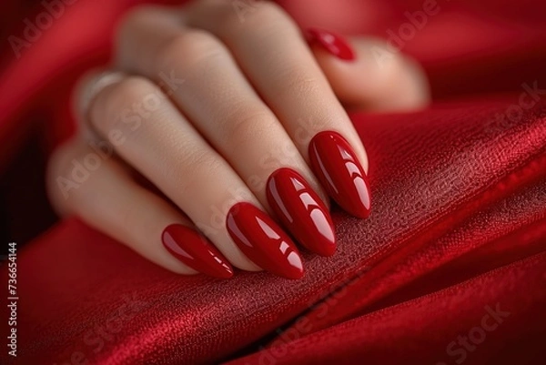 Fototapeta Woman hand with Red color nail polish on her fingernails, Red dress, red nail manicure with gel polish at luxury beauty salon. Nail art and design. Female hand model. French manicure