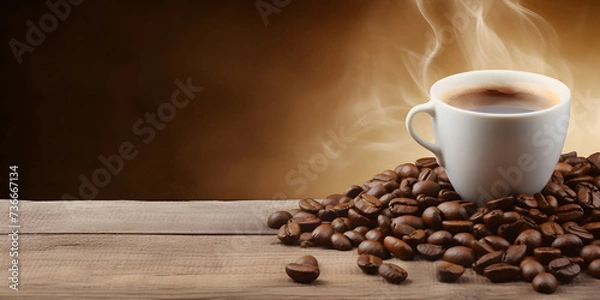 Fototapeta Banner cup of coffee with beans. With copy space