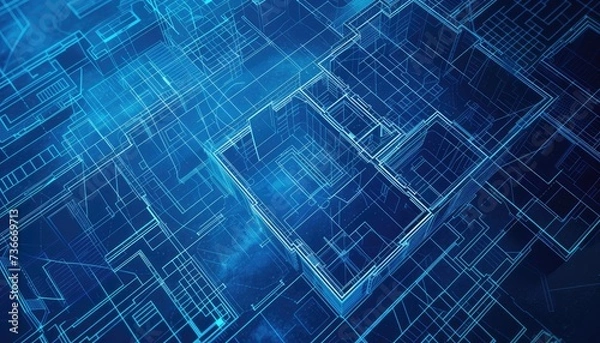 Fototapeta Abstract blue architecture plans background from above, building engineering blueprints backdrop