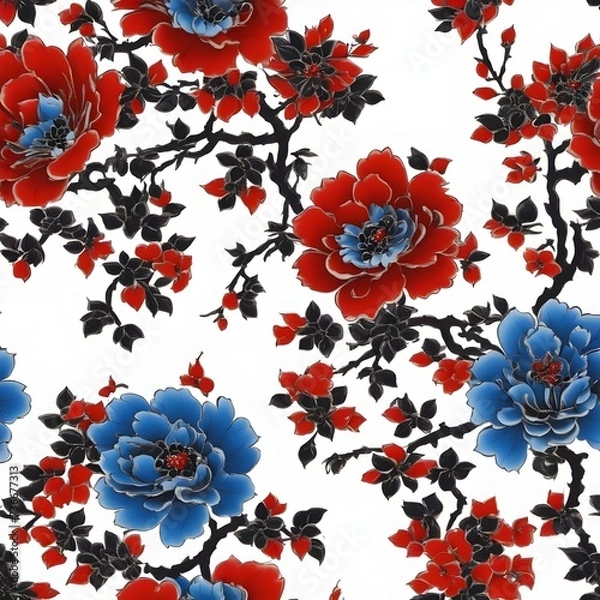 Obraz blue and red flowers on white background